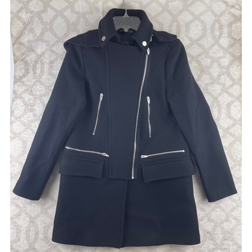 Zara Woman Moto Coat Women M Black Excellent Wool Blend Asymmetrical Zip Hooded